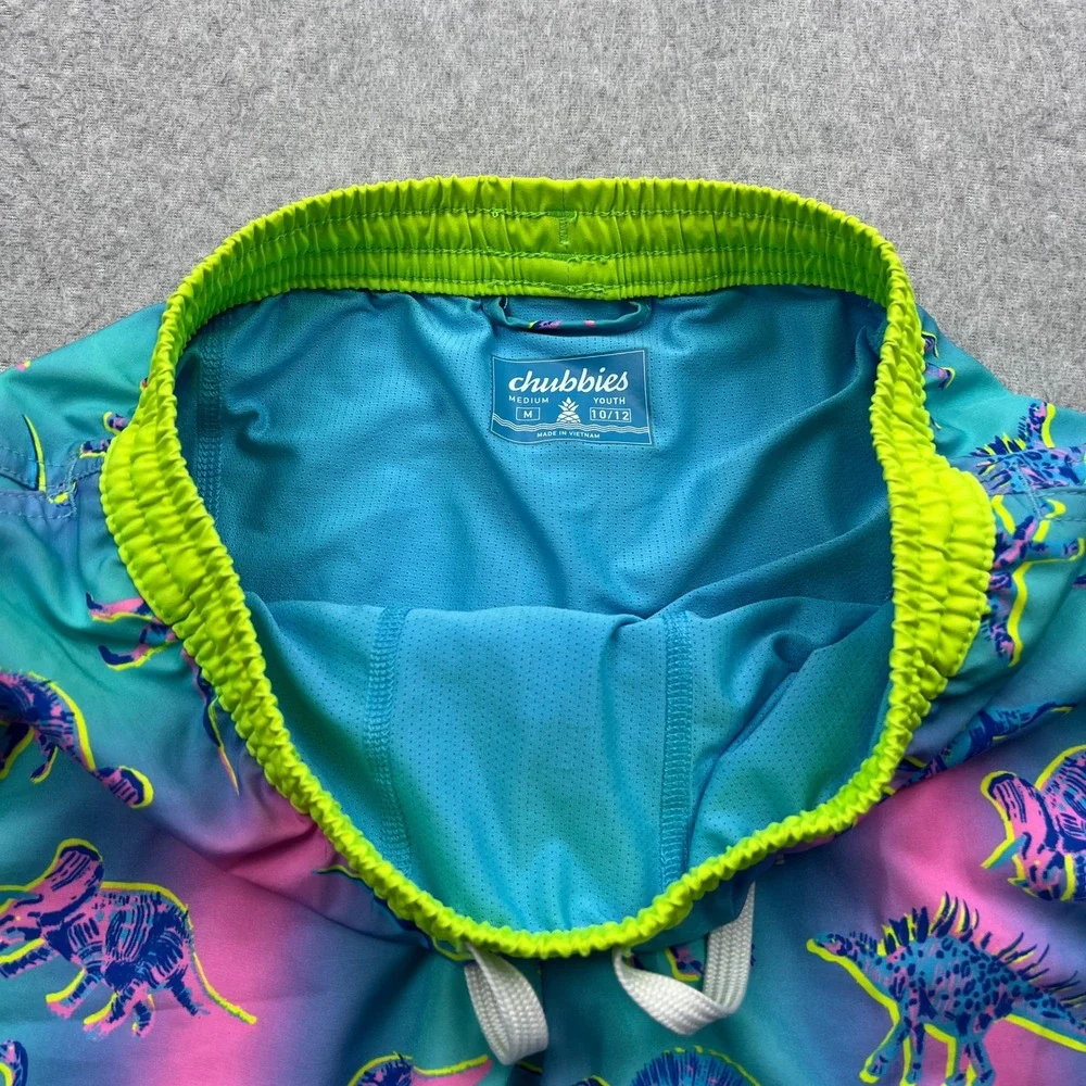 Chubbies Dino Delights Swim Trunks Youth 10/12 Teal Dinosaur Lined Mesh Pockets